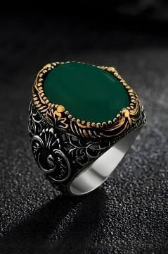 Hünkar Model  Yeşil Akik Taşlı Gümüş Erkek Yüzük