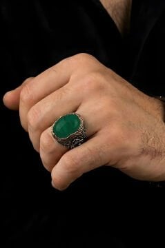 Hünkar Model  Yeşil Akik Taşlı Gümüş Erkek Yüzük