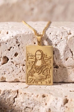 Mona Lisa Tablosu Model Gümüş Kolye Altın Rengi