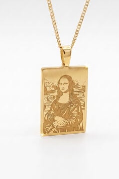 Mona Lisa Tablosu Model Gümüş Kolye Altın Rengi