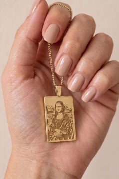 Mona Lisa Tablosu Model Gümüş Kolye Altın Rengi