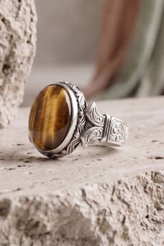 Oval Katre Model Kaplangözü Taşlı Gümüş Erkek Yüzük