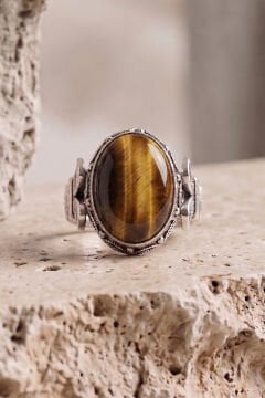 Oval Katre Model Kaplangözü Taşlı Gümüş Erkek Yüzük