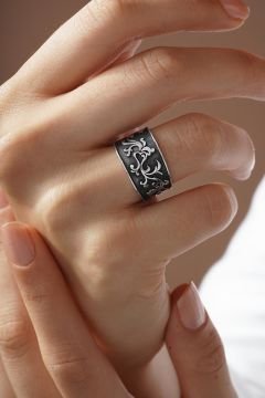 Gravür İşleme Desenli Ayarlanabilir Gümüş Yüzük