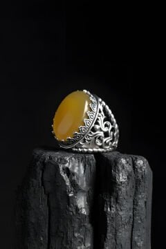 Har-ı Aşk Model El İşi Sarı Akik Taşlı Gümüş Yüzük