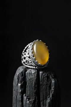 Har-ı Aşk Model El İşi Sarı Akik Taşlı Gümüş Yüzük