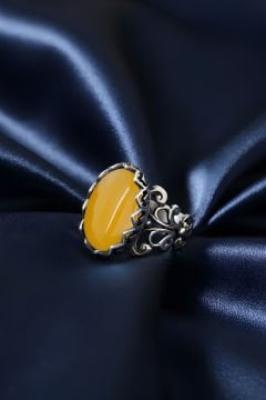 Rumi Model Sarı Akik Taşlı El İşi Gümüş Yüzük