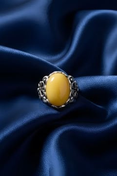 Rumi Model Sarı Akik Taşlı El İşi Gümüş Yüzük