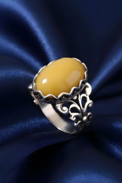 Rumi Model Sarı Akik Taşlı El İşi Gümüş Yüzük