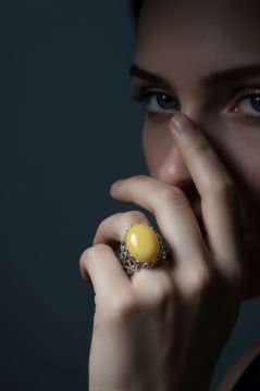 Rumi Model Sarı Akik Taşlı El İşi Gümüş Yüzük