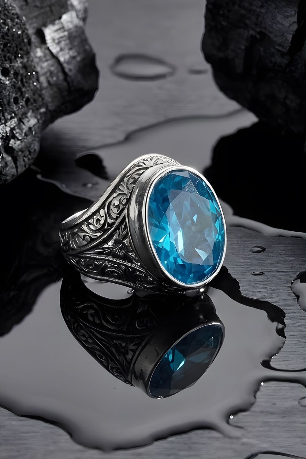 Erzurum Kalem İşçiliği Kalemkar Model Mavi Topaz Zirkon Taşlı Erkek Yüzük