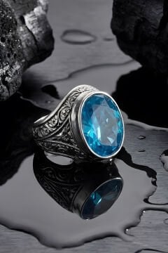 Erzurum Kalem İşçiliği Kalemkar Model Mavi Topaz Zirkon Taşlı Erkek Yüzük