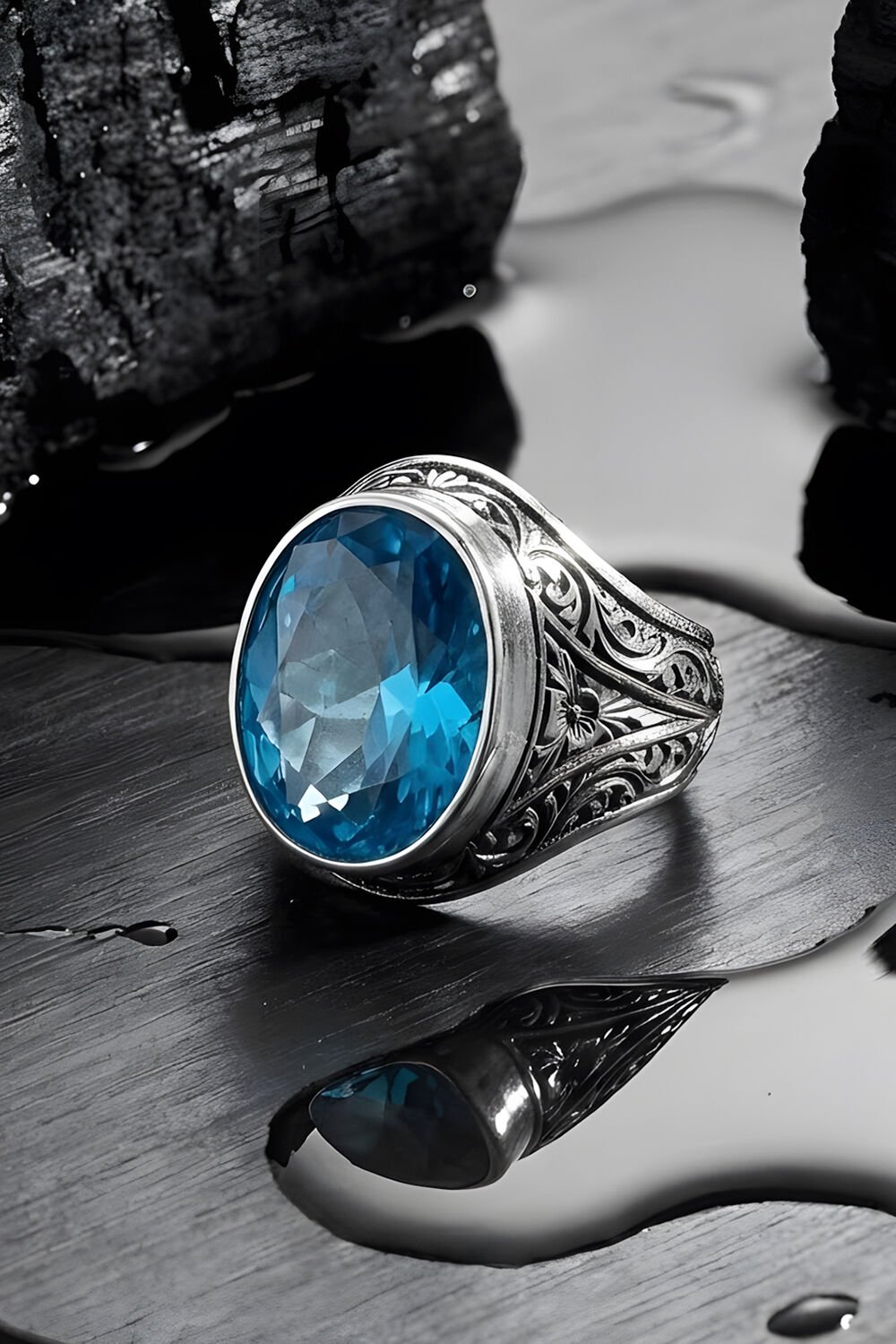 Erzurum Kalem İşçiliği Kalemkar Model Mavi Topaz Zirkon Taşlı Erkek Yüzük