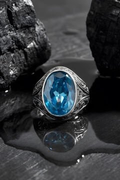 Erzurum Kalem İşçiliği Kalemkar Model Mavi Topaz Zirkon Taşlı Erkek Yüzük