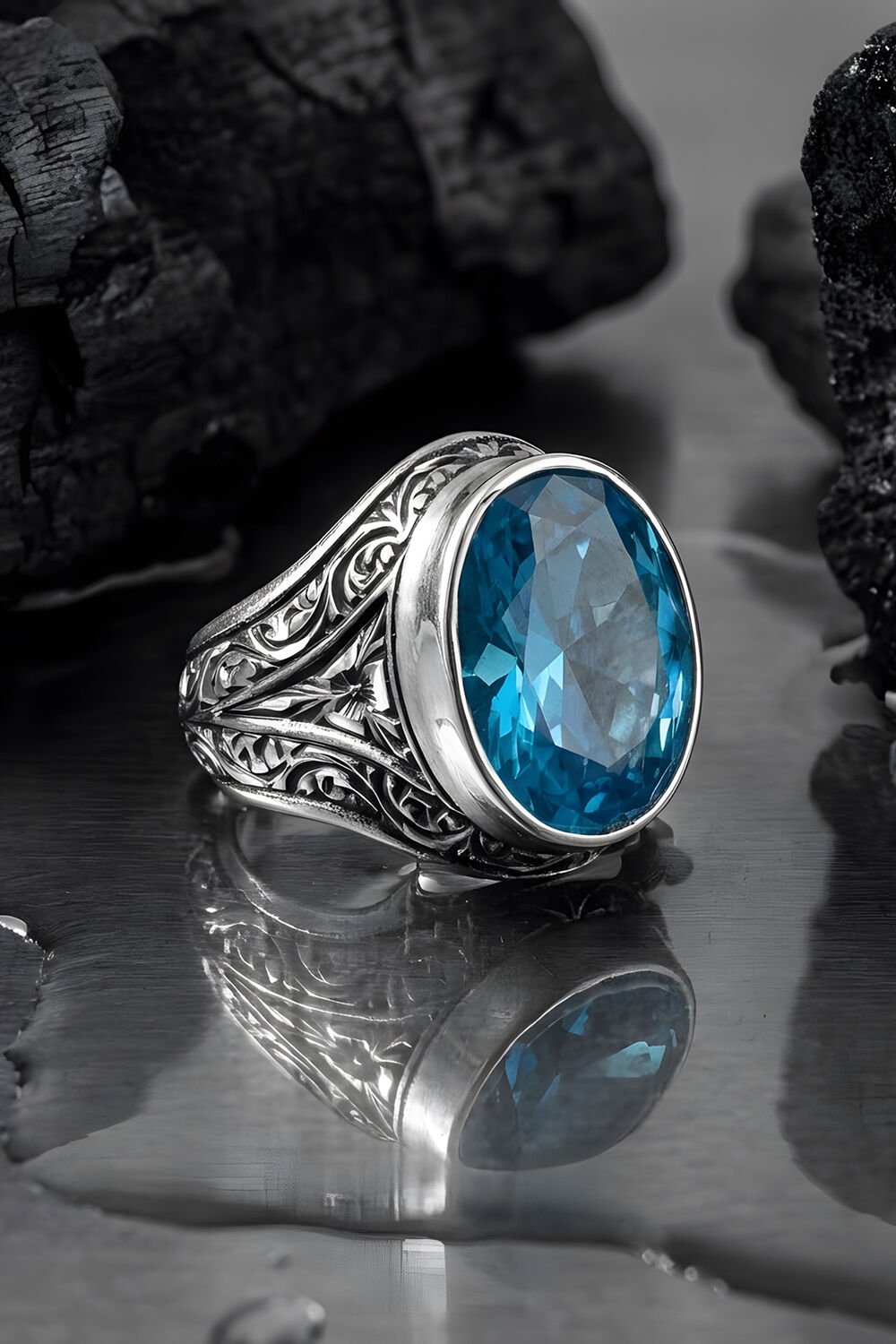 Erzurum Kalem İşçiliği Kalemkar Model Mavi Topaz Zirkon Taşlı Erkek Yüzük