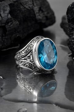 Erzurum Kalem İşçiliği Kalemkar Model Mavi Topaz Zirkon Taşlı Erkek Yüzük