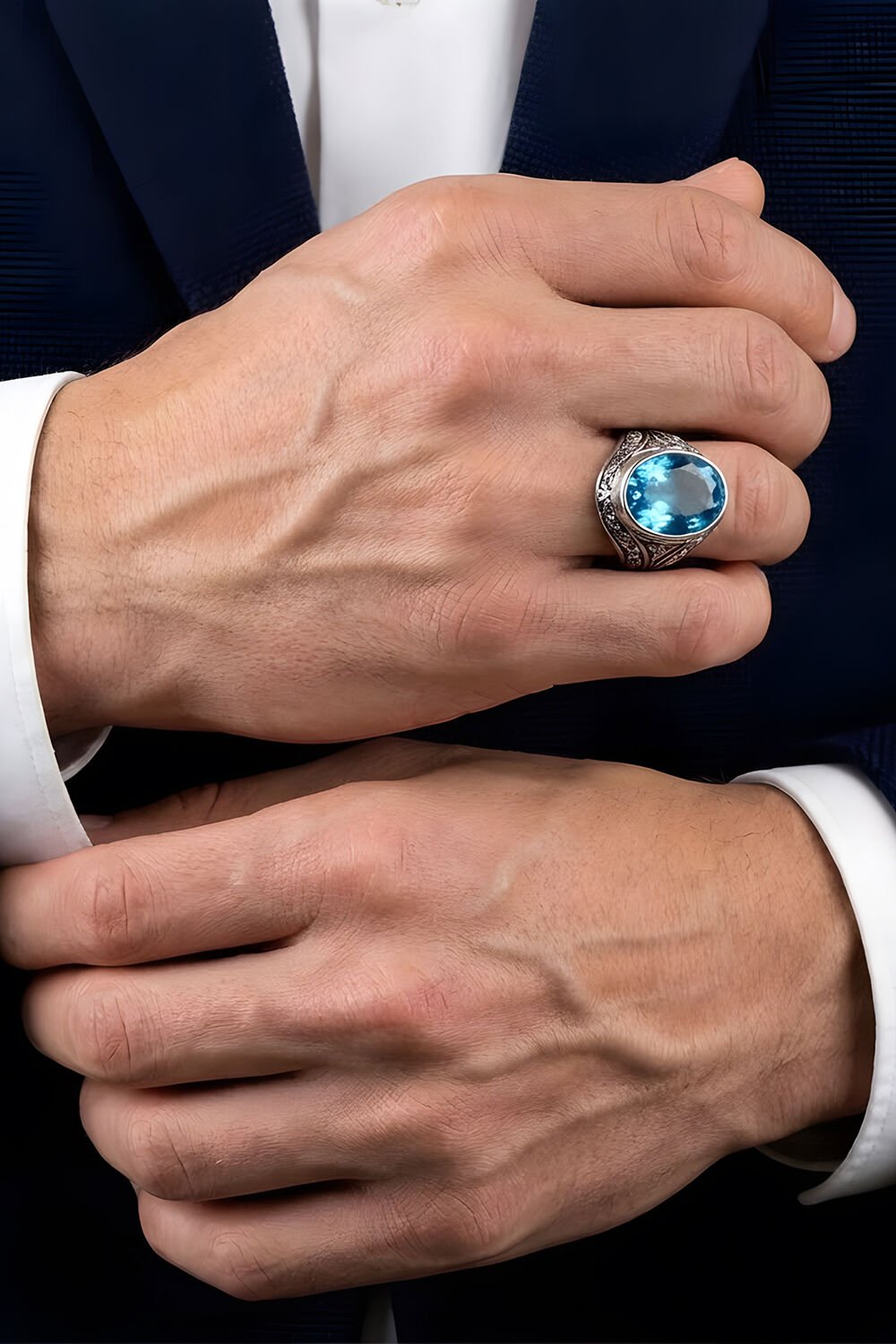 Erzurum Kalem İşçiliği Kalemkar Model Mavi Topaz Zirkon Taşlı Erkek Yüzük