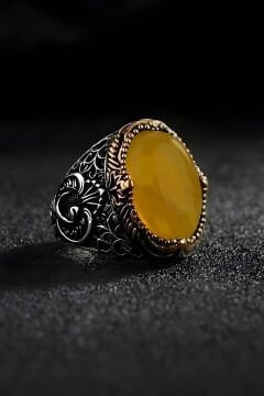 Hünkar Model  Sarı Akik Taşlı Gümüş Erkek Yüzük