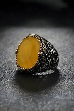 Hünkar Model  Sarı Akik Taşlı Gümüş Erkek Yüzük