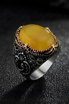 Hünkar Model  Sarı Akik Taşlı Gümüş Erkek Yüzük