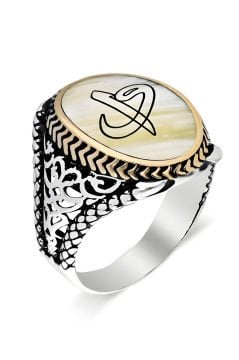 Sedef Taşı Üzerine Vav Elif Gümüş Erkek Yüzük