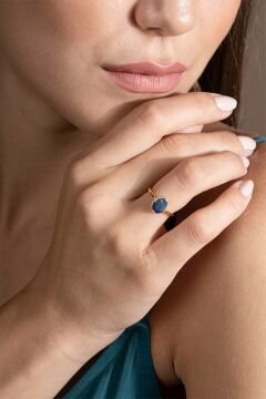 Lapis Lazuli Taşlı Minimal Gümüş Ayarlanabilir Kadın Yüzük Altın Rengi - 11