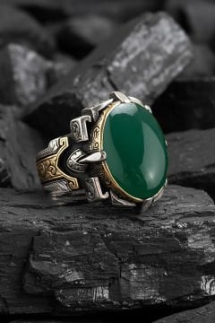 Kalem İşleme Yeşil Akik Taşlı Erkek Yüzüğü