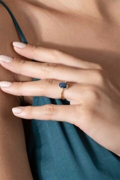 Lapis Lazuli Taşlı Minimal Gümüş Ayarlanabilir Kadın Yüzük Altın Rengi - 15