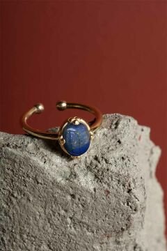 Lapis Lazuli Taşlı Minimal Gümüş Ayarlanabilir Kadın Yüzük Altın Rengi - 19