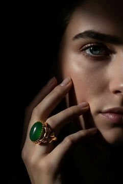 Kurdele Model Yeşil Akik Taşlı El İşi Gümüş Yüzük 24 - Altın Rengi