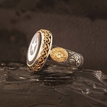 Kalem İşleme 22 Ayar Altınlı Bağa İçine Sedef Kakma Ay Yıldız El İşi Yüzük