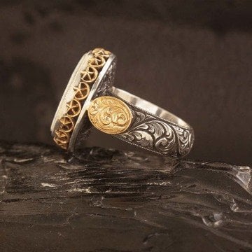 Kalem İşleme 22 Ayar Altınlı Bağa İçine Sedef Kakma Ay Yıldız El İşi Yüzük