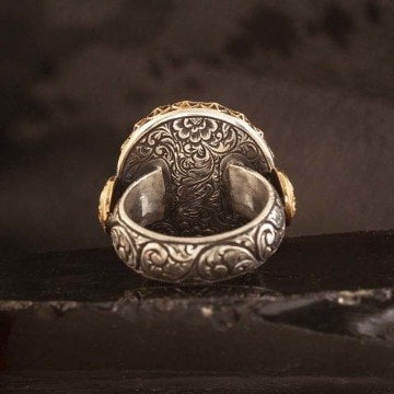 Kalem İşleme 22 Ayar Altınlı Bağa İçine Sedef Kakma Ay Yıldız El İşi Yüzük