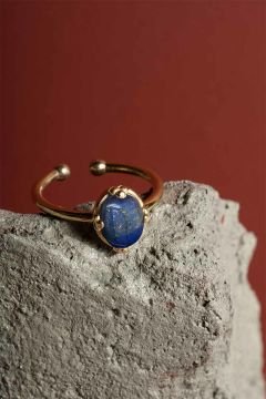Lapis Lazuli Taşlı Minimal Gümüş Ayarlanabilir Kadın Yüzük Altın Rengi - 20