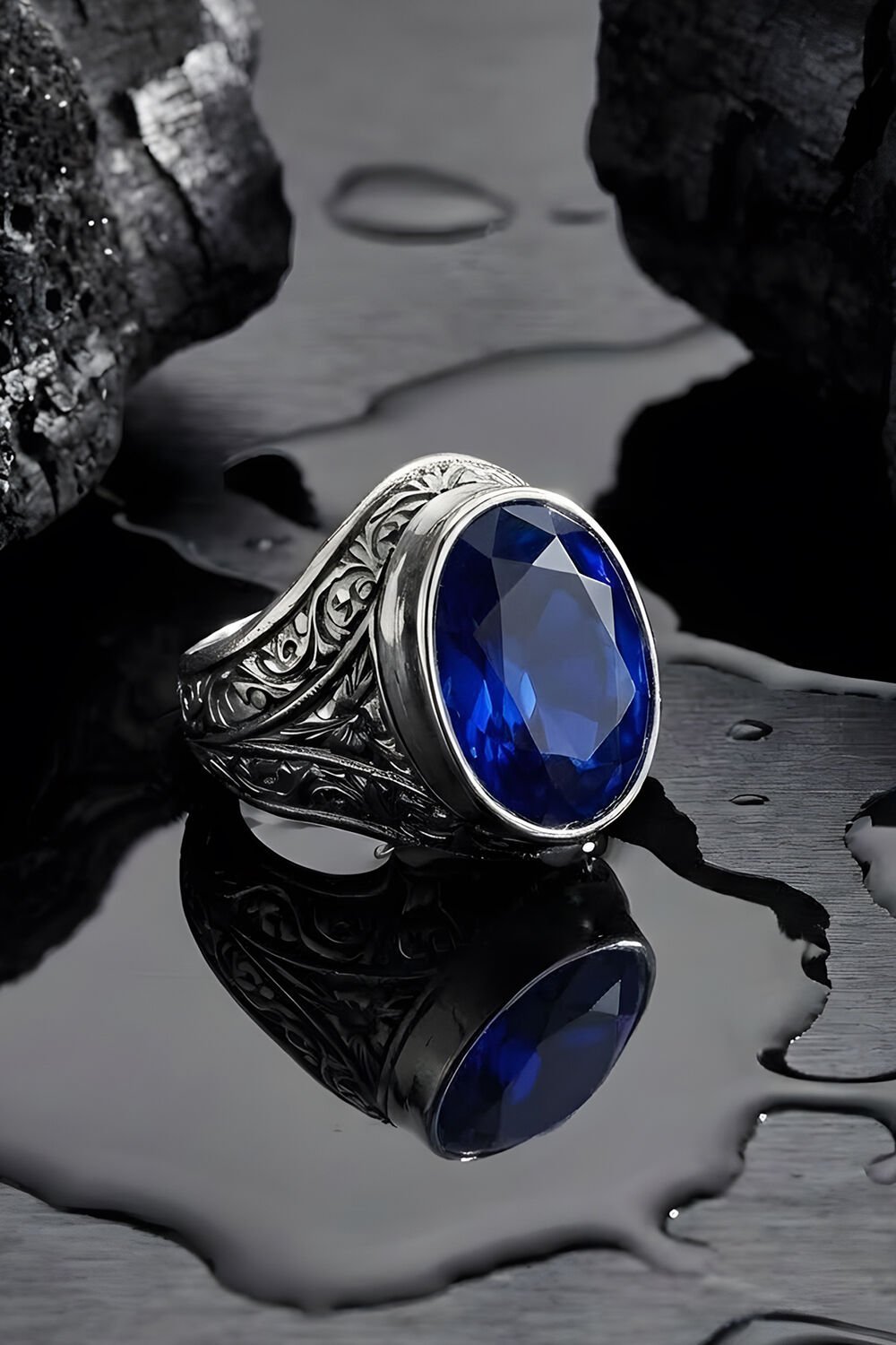 Erzurum Kalem İşçiliği Kalemkar Model Safir Zirkon Taşlı Erkek Yüzük