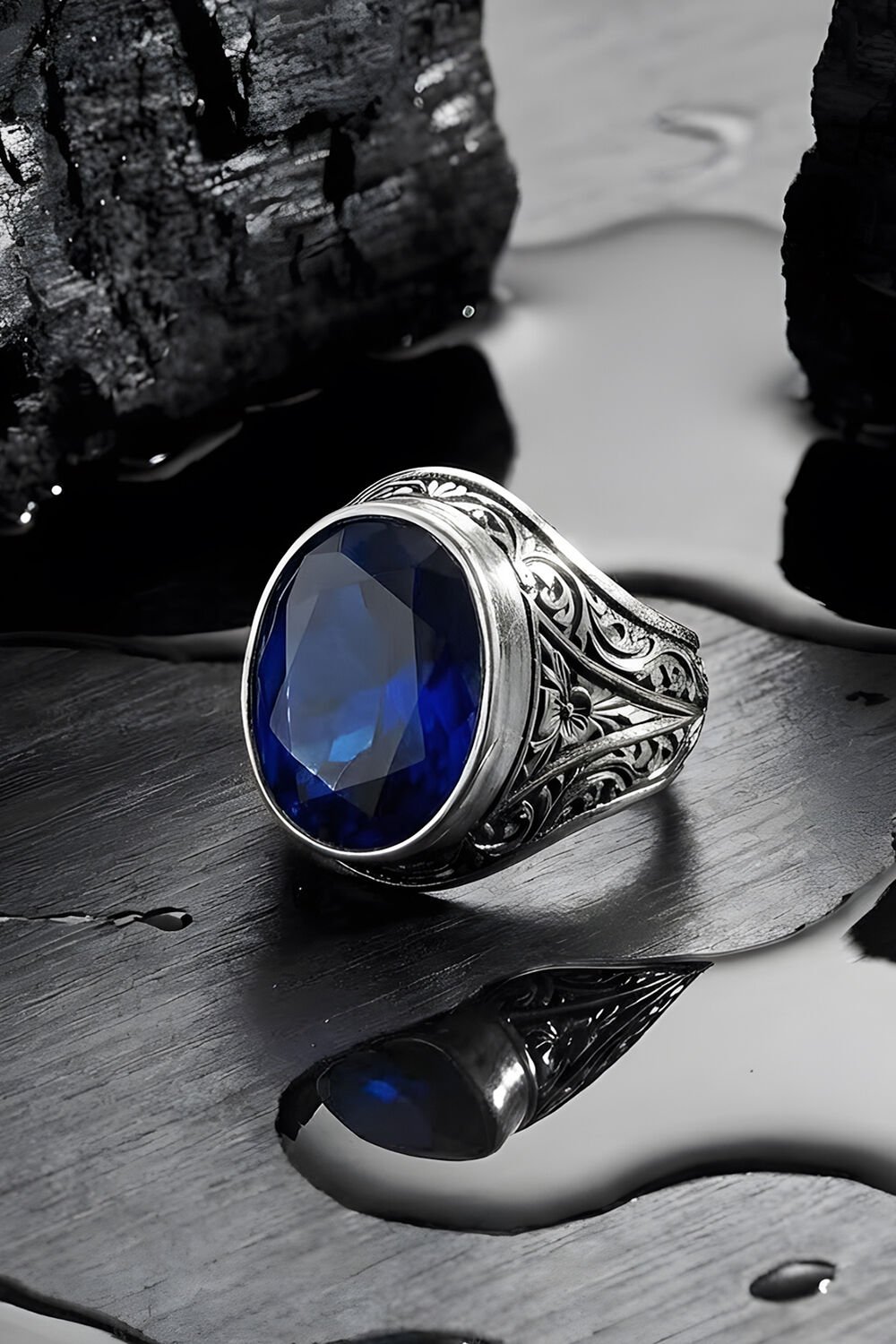 Erzurum Kalem İşçiliği Kalemkar Model Safir Zirkon Taşlı Erkek Yüzük