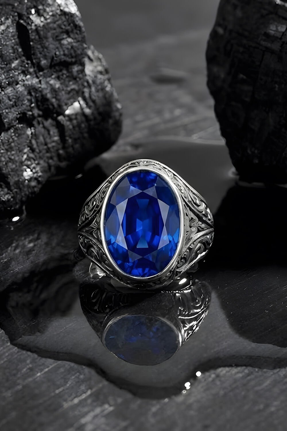 Erzurum Kalem İşçiliği Kalemkar Model Safir Zirkon Taşlı Erkek Yüzük