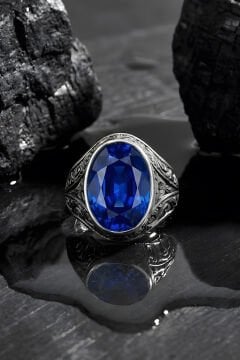 Erzurum Kalem İşçiliği Kalemkar Model Safir Zirkon Taşlı Erkek Yüzük