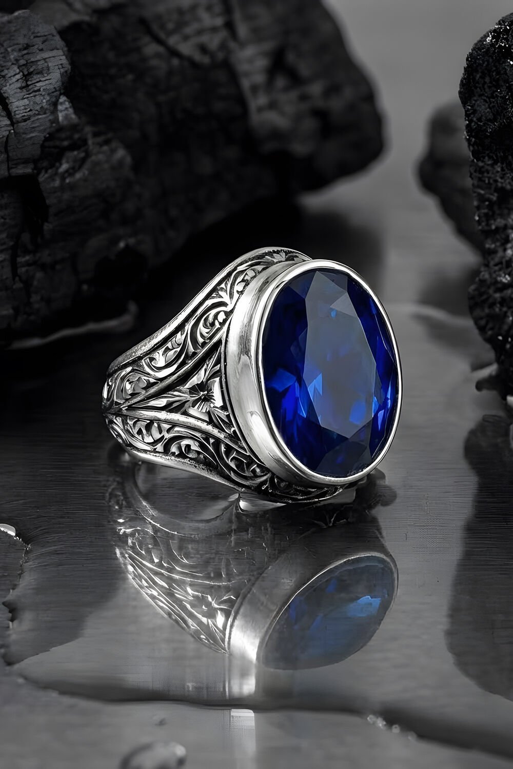 Erzurum Kalem İşçiliği Kalemkar Model Safir Zirkon Taşlı Erkek Yüzük