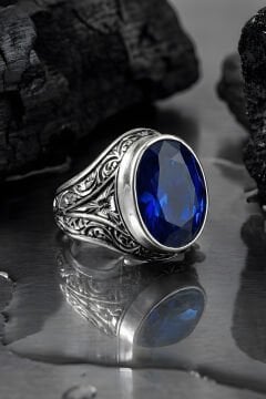 Erzurum Kalem İşçiliği Kalemkar Model Safir Zirkon Taşlı Erkek Yüzük