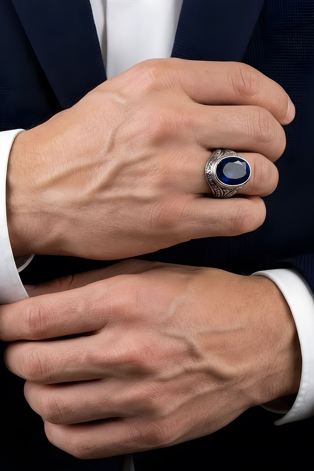 Erzurum Kalem İşçiliği Kalemkar Model Safir Zirkon Taşlı Erkek Yüzük