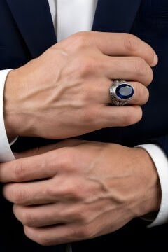 Erzurum Kalem İşçiliği Kalemkar Model Safir Zirkon Taşlı Erkek Yüzük