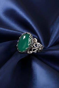 Rumi Model Yeşil Akik Taşlı El İşi Gümüş Yüzük