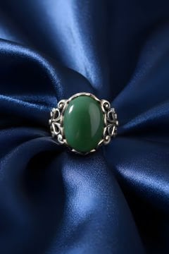 Rumi Model Yeşil Akik Taşlı El İşi Gümüş Yüzük