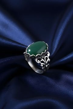 Rumi Model Yeşil Akik Taşlı El İşi Gümüş Yüzük