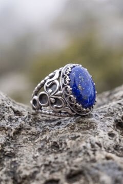 Oval Model Lapis Lazuli Taşlı El İşi Erkek Gümüş Yüzük