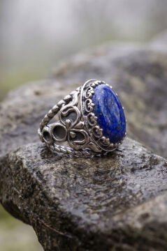 Oval Model Lapis Lazuli Taşlı El İşi Erkek Gümüş Yüzük