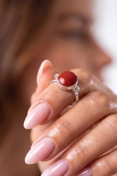 Luna Model Doğal Mercan Taşlı Gümüş Kadın Yüzük 18 - Gümüş Rengi