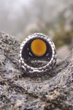 Oval Model Sarı Akik Taşlı El İşi Erkek Gümüş Yüzük
