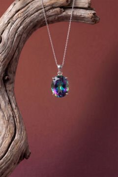 Tek Taş Model Mistik Topaz Zirkon Taşlı Gümüş Kadın Kolye